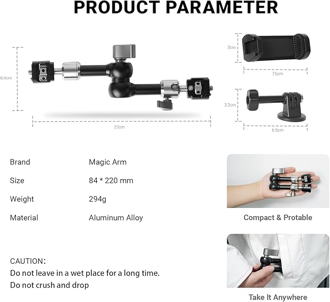 Heavy-Duty Articulating Magic Arm Mount with Super Clamp, 360° Dual Ball Head & 1/4" ARRI Locating Pin&Holes, Camera Monitor Mount for Action Camera Video LED Light (7" Magic Arm)