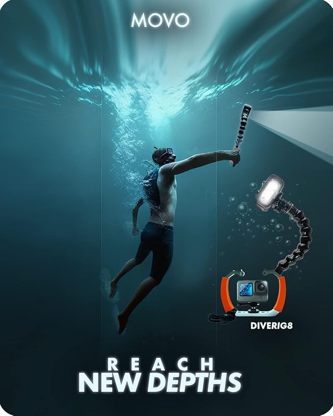 Movo DiveRig8 Underwater Video/Photo Diving Rig for Scuba and Snorkeling - Compact Action Camera Cage Dive Rig, Waterproof Light with Flexible Arm Mount - Compatible with GoPro, DJI Osmo, Insta360