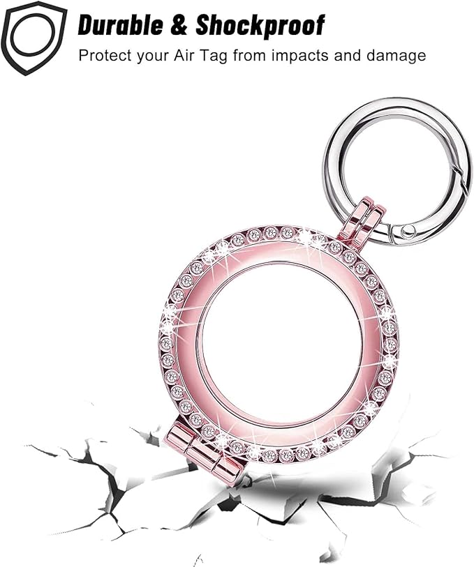 Case Compatible for Apple AirTag (2021), AirTag Diamond Rhinestone Bling Keychain Cover, Metal Protective Holder for AirTag Accessories (Rose Pink)