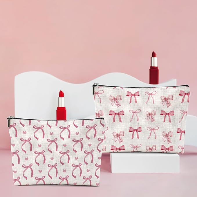 4PCS Pink Bow Makeup Bag, Coquette Preppy Cosmetic Bags Bow Gifts for Women Girls Pink Trendy Toiletry Bag Best Birthday Christmas Gifts for Girls Women Sister Travel Bags