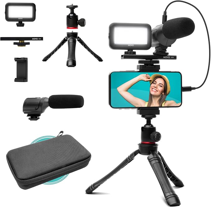Movo uVlogger- Android/USB-C Compatible Vlogging Kit Smartphone Video Kit Accessories: Tripod, Mount, LED Light and Cellphone Shotgun Microphone for Video Recording for YouTube, Vlog