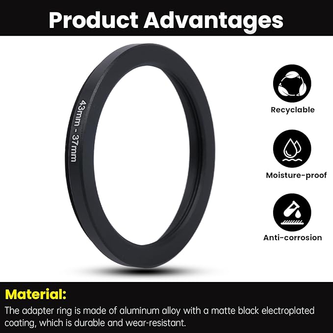 Metal Step Down Ring Filter Adapter - 43mm to 37mm - Metal Ring Step Down Rings Adapter Filter Compatible with All 37mm UV, CPL, ND, Lens Hood, Threaded Lens ect