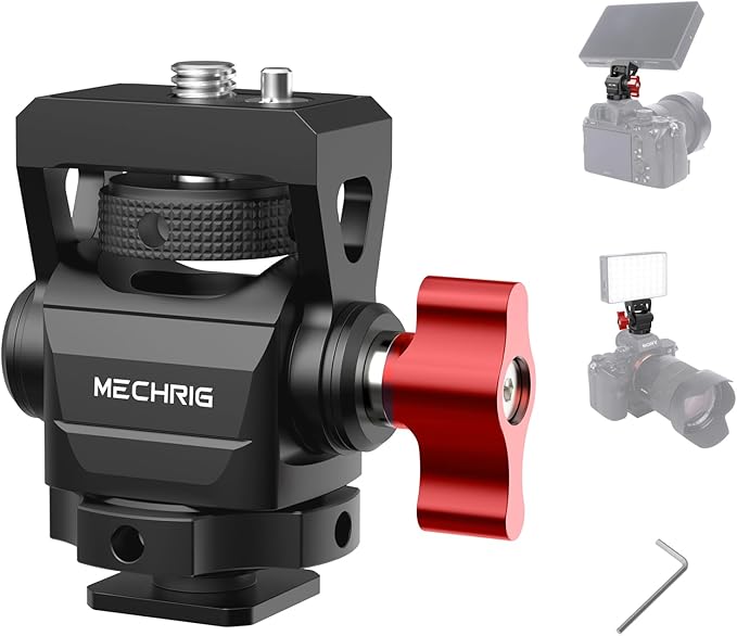 Camera Monitor Mount with Cold Shoe, Aluminum Cold Shoe Mount Adapter with 1/4″ Screw for LED Light Microphone Cage, Field Monitor Holder 360° Swivel & 180° Tilt Damping (63146)