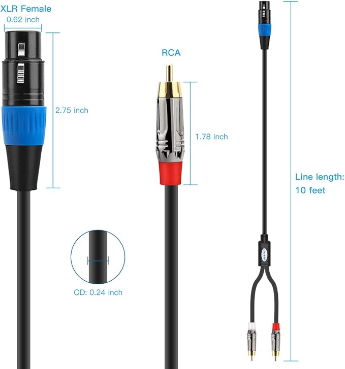 Unbalanced XLR Female to Dual RCA Y Splitter Breakout Cable, 1 XLR Female to 2 RCA Male Y Breakout Cable Adapter Cord, 10 Feet