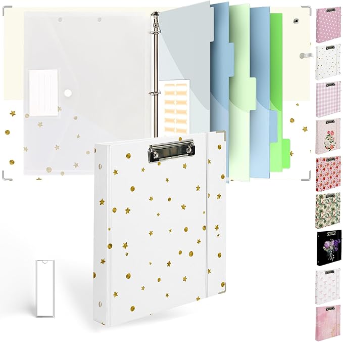Etzul 3 Ring Binder 1 inch with Clipboard - White with Gold Dots & Stars Design, Includes Dividers, File Bag & Spine Label - Glamorous and Functional for Any Setting, Holographic Waterproof Film