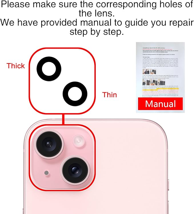 ASDAWN Back Rear Camera Lens Glass Replacement for iPhone 15 6.1 inch and 15 Plus 6.7 inch with Pre-Installed Adhesive, Back Lens Glass with Installation Manual + Repair Tool Set
