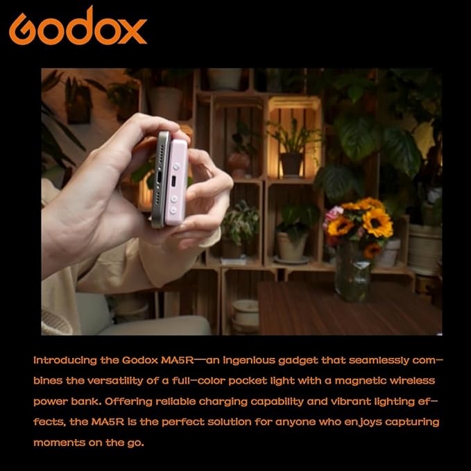 Godox MA5R Full-Color LED Light, Magnetic Selfie Light, CRI95 TLCI97, CCT 1800K–10000K, 14 FX Modes, HSI & GM Adjustment, NFC/Bluetooth Control, 0–100% Dimming, for YouTube/TikTok