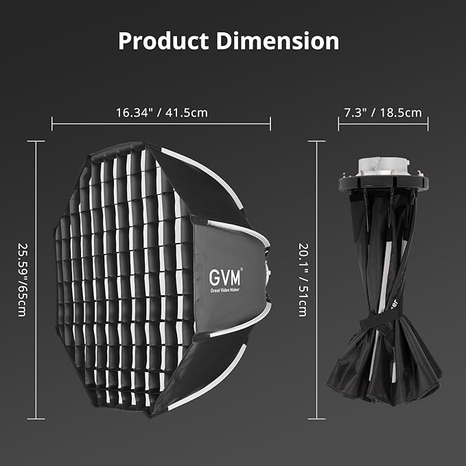 GVM 25.6inch/65cm Octagonal Softbox, Quick Release Bowens Mount Softbox with Diffusers/Honeycomb Grid/Carrying Bag, Light Dome Compatible with LED Video Light/Spotlight/Flash for Photography Studio