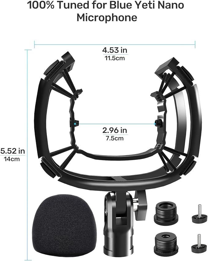 Custom Built for Blue Nano Microphone Shock Mount with Pop Filter, Anti-Vibration Suspension Elastic Shock Mount Holder Clip Mic Mount Stand with 3/8" or 1/4" Screw Adapter Compatible with Nano