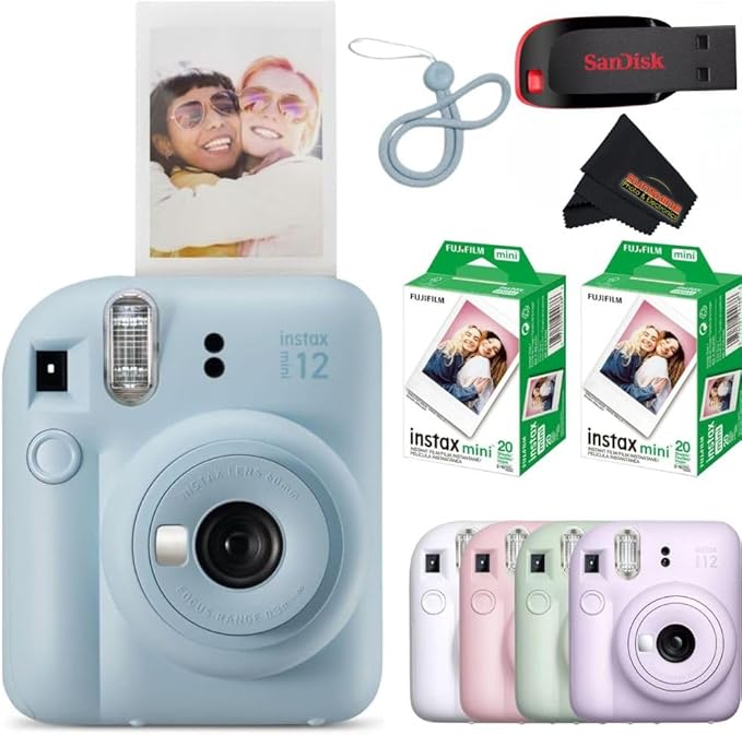 Fujifilm Instax Mini 12 Instant Camera Pastel Blue with Sandisk 32 GB USB Flash Drive + 40 Sheets Fujifilm Instax Mini Film and Sunshine Photo Microfiber Cleaning Cloth Bundle