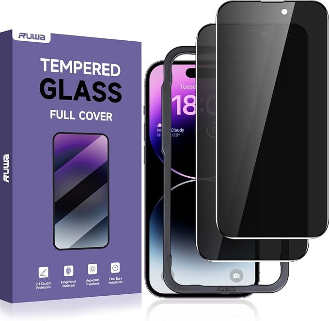 ruwa Privacy Screen Protector for iPhone 14 Pro Max [6.7 Inch][2-Pack] Anti-peep Tempered Glass Film with Easy Installation Alignment Frame, 9H Hardness, Scratch Resistant, Case Friendly