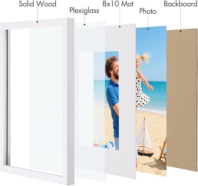 Vittanly 11x14 Picture Frame, Made of Solid Wood and Shatterproof Plexiglass, Display Pictures 8x10 with Mat or 8x10 without Mat, Wooden Photo Frame for Wall Mounting or Tabletop, White, 1 Pack