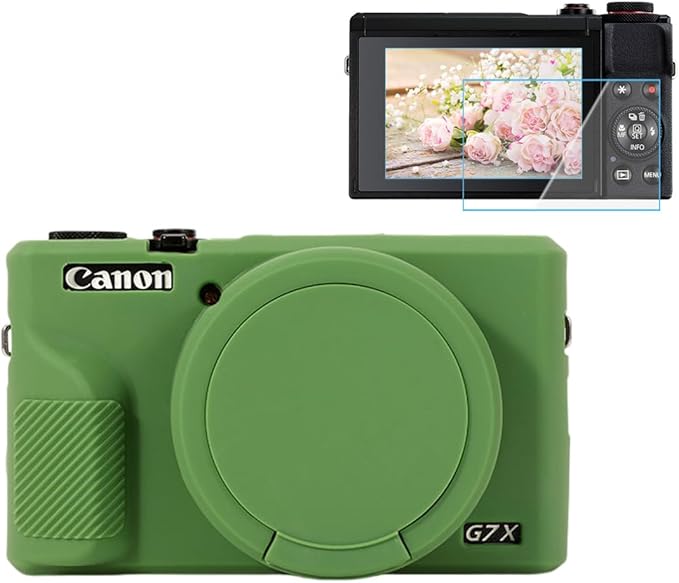 Pocoukate Case for Canon G7X Mark III Camera, Soft Silicone Protective Cover Skin with Removable Lens Cover for Powershot G7X Mark iii, Silicone Case with G7X3 Screen Protector Accessories - Green