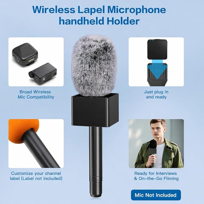 ZealSound Handheld Interview Microphone Adapter, Wireless Lavalier Transmitter Handle with Flag, Furry Windscreen & Foam, Compatible with DJI Mic Mini/Mic 2/3, Rode Wireless GO 2/3, Hollyland, BOYA