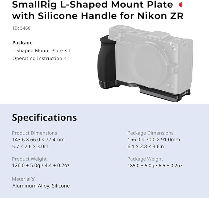 SmallRig L-Shape Handle for Nikon ZR with Ergonomic Silicone Grip, 1/4"-20 Thread Hole, Built-in Quick-Release Plate for Arca for Quickly Switch on Tripods/Handheld Shooting-5466