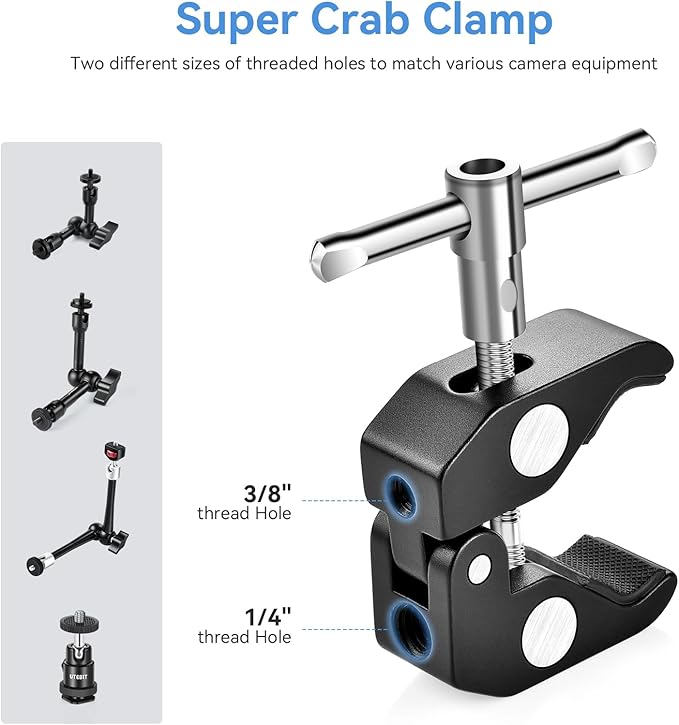 UTEBIT 11" Adjustable Magic Arm with Super Clamp, 360° Ball Heads with ARRI 1/4" & 3/8" Thread Screw for Flash/LED Light/Microphone/Monitor, Compatible with SmallRig Camera Cage, Max Load: 4.4lb/2kg