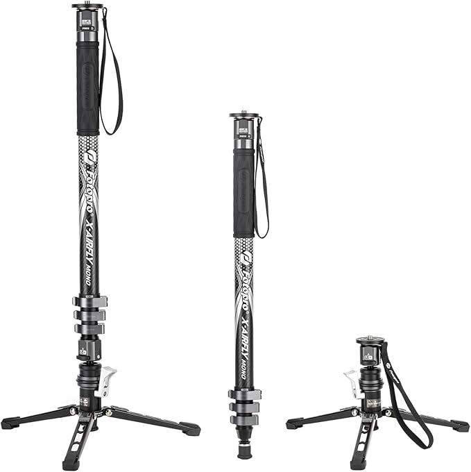Fotopro 73" 3-in-1 Carbon Fiber Monopod with Pedal, Carbon Fiber Travel Monopod with Feet Max Load 22lbs for DSLR Camera Stabilizer Videography Kit, X-Airfly Mono Grey