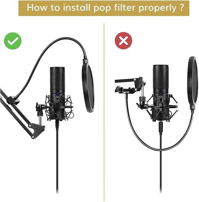 TONOR Microphone Arm Stand, Adjustable Suspension Boom Scissor Mic Stand with Pop Filter, 3/8" to 5/8" Adapter, Excellent Compatibility, Mic Clip, Upgraded Heavy Duty Clamp, 47cm+47cm, T30