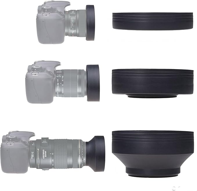 55mm Set of 2 Camera Lens Hoods and 1 Lens Cap - Rubber (Collapsible) + Tulip Flower - Sun Shade/Shield - Reduces Lens Flare and Glare - Blocks Excess Sunlight for Enhanced Photography and Video