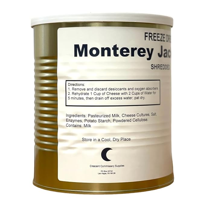 Military Surplus Freeze-Dried Shredded Monterey Jack Cheese #10 Can – Emergency Food Supply | Long-Term Storage | 25+ Year Shelf Life | Survival, Camping, Hunting, Backpacking | Pack of 6 – 32 oz per Can