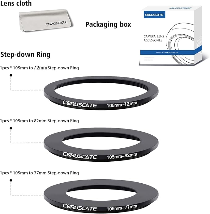 3Pcs 105-82mm/105-77mm/105-72mm Filter Ring Adapter,Metal Step Down Ring for All Brands Camera Accessory(for UV,CPL,ND,Threaded Lens Hood)