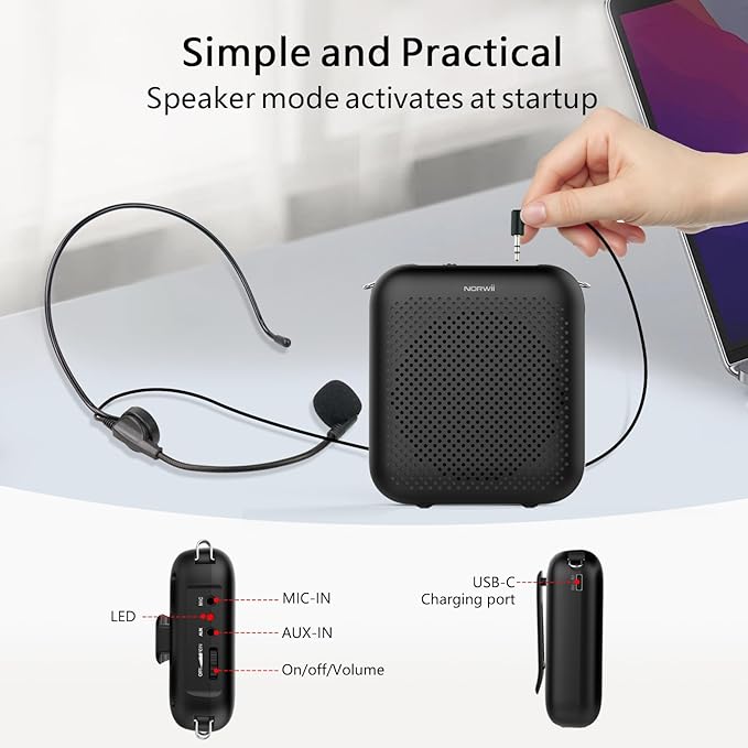 Norwii Bluetooth Voice Amplifier, Power Amplifiers, Portable Mini Wired Microphone Headset for Teacher Classroom & Outdoor Lectures, Teaching, Tour Guides, USB-C Rechargeable - 2000mAh, Black