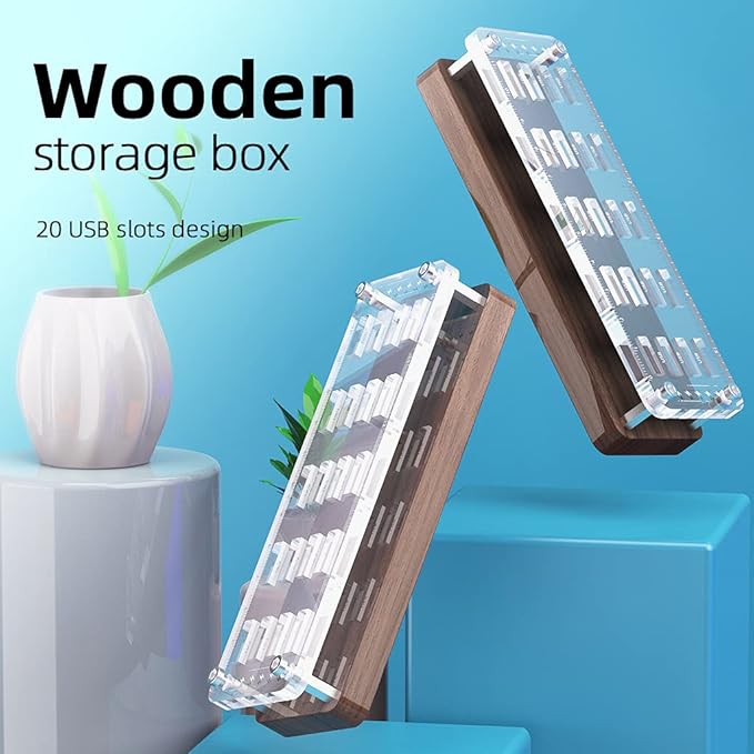 AOJUE 20 Slots Wooden Memory USB Flash Disk Card Case, TF Card Box and Micro SD Drive Card Holder Desk, U-Shield Memory Storage Racks
