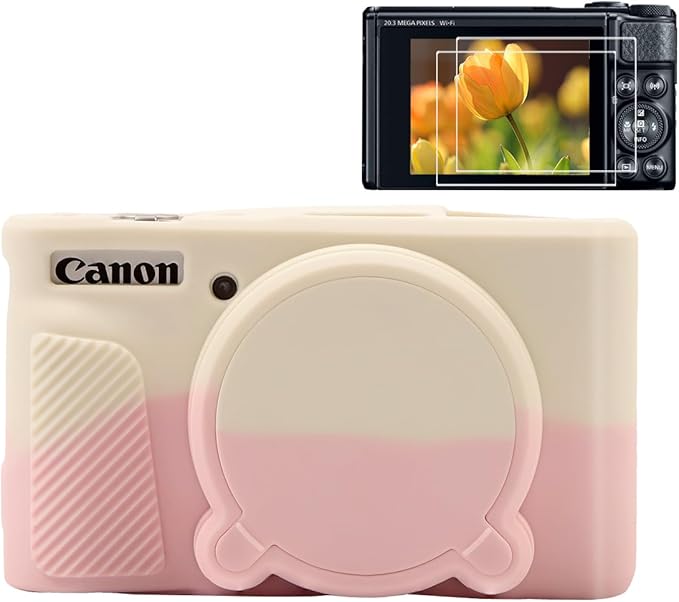 Pocoukate Case for Canon PowerShot SX740 HS Camera with Screen Protector, Soft Silicone Protective Skin with Removable Lens Cover for SX740/SX730 HS Accessories Rubber - Misty White Sakura Pink ﻿