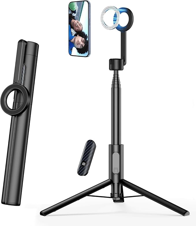 SEAJIC Magnetic Phone Tripod for iPhone 64" Selfie Stick with Remote and Metal Ring, Automatic Pop-up MagSafe Travel Tripod for Cell Phone Video Recording/Photography/Vlogging (Balck)