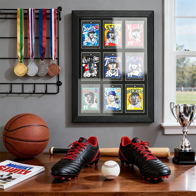 Trading Card Display Case for 9 Standard Cards - Wall Mount Baseball Card Display Case with UV Protection Magnetic Card Holder, Sports Display Cases for Football Basketball Hockey Card Collection