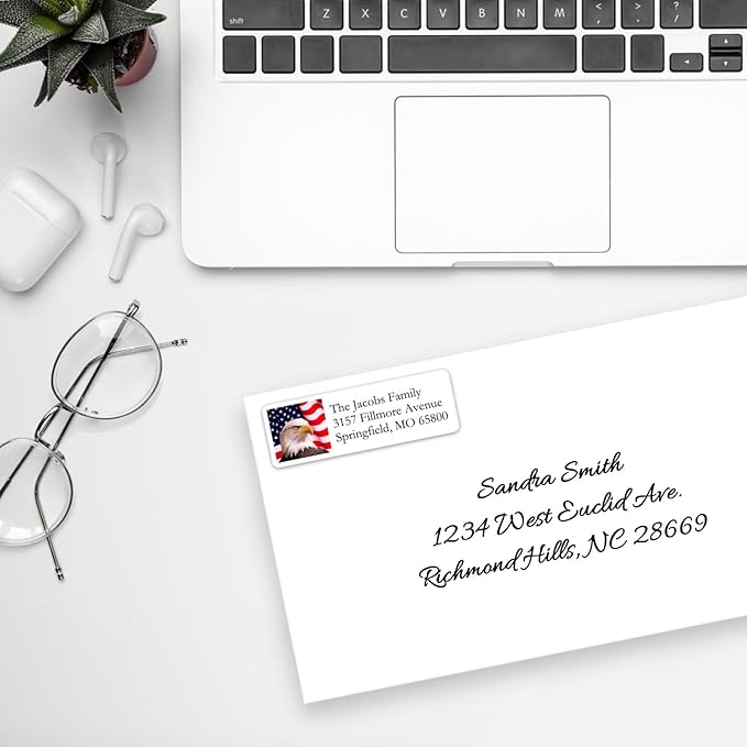 Return Address Labels American USA Flag & Eagle - Custom Mailing Return Address Labels/Stickers for Envelopes, Easy Peel and Stick, Permanent Rectangle Labels (White) Made in The USA (Set of 60)
