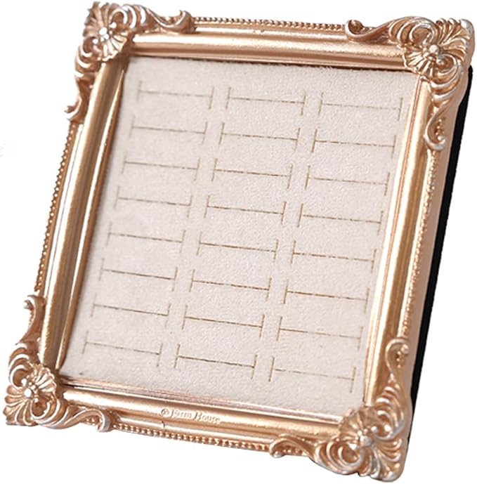 Vintage Photo Frame Ring Holder - 24 Slot Velvet Jewelry Organizer Display Stand for All Ring Sizes, Gold Baroque Elegant Storage Tray for Wedding Engagement Collection Photography (Beige)
