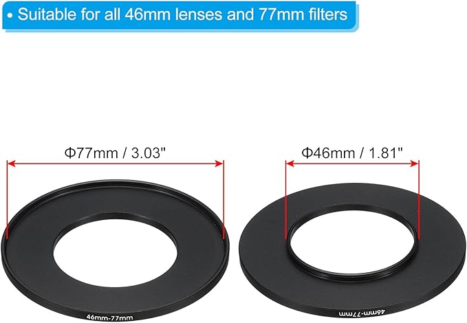 PATIKIL 46mm-77mm Metal Step Up Ring with Cleaning Cloth, 2 Pack Camera Lens Filter Adapter Ring Aluminum Filter Adapter Ring for Camera Lenses Hood, Black