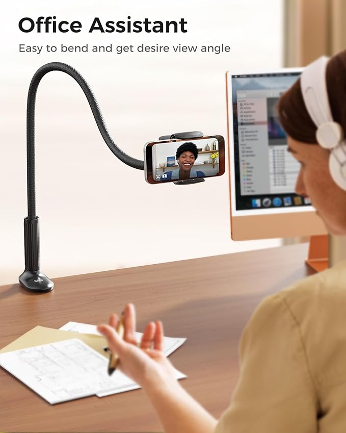 SAIJI Gooseneck Phone Holder for Bed Overall Length 38.6” Flexible Leather Wrapped Arm Overhead Cell Phone Mount Stand with 360° Adjustable Clamp Clip, Compatible with All 4-7” Cellphones (Black)