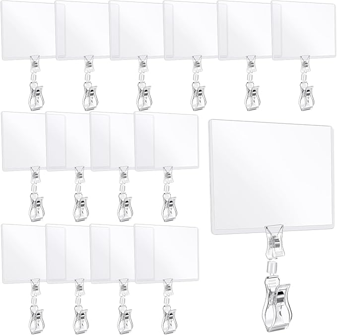 Epakh 20 Pieces Sign Clips Rotating Price Tag Clip Swivel Sign Holder for Handrails or Tubes with 20 Pieces Hard Card Sleeves PVC Card Protector for Shelves Store Supermarket(Double Sided Clips Style)