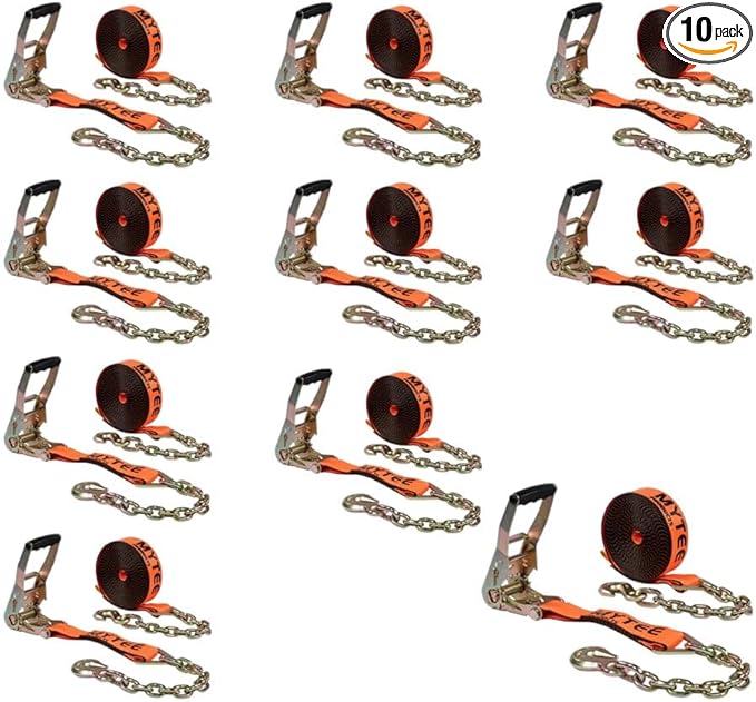 Mytee Products 10 Pack 2" x30' Orange Ratchet Strap with Chain Anchor - 4000 Lbs WLL High Abrasion Heavy Duty Tie Down Cargo Truck Straps with Chan Anchor for Flatbed, Truck, Trailers, Pickup