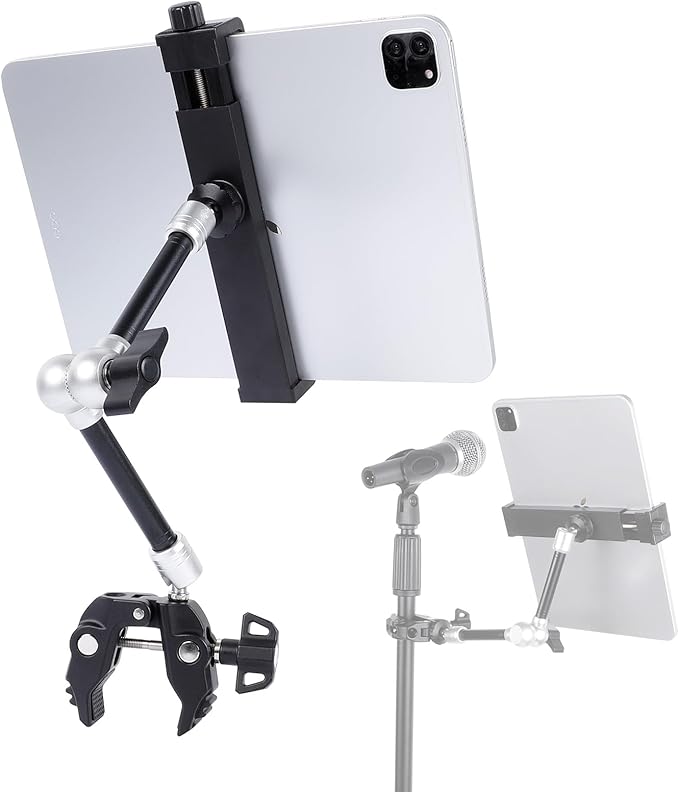 Tablet Holder with Super Clamp&10″ Long Aluminum Alloy Magic Arm for Microphone Stand, Side Mount iPad Mic Music Stand Holder Compatible with iPad Pro 12.9 Air Mini/Nexus/Samsung Galaxy Tab