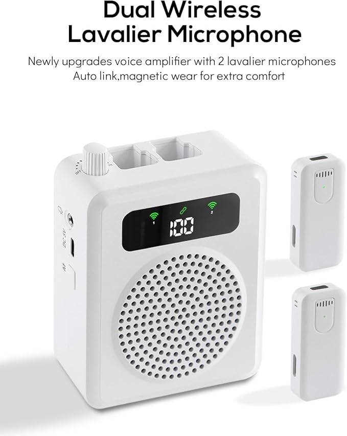 Wireless Voice Amplifier with Lavalier Microphones, Portable Voice Amplifier, Microphone with Speaker, Mini Megaphone with Clip on/Lapel Mic Teacher Microphone for Classroom Speech (White)