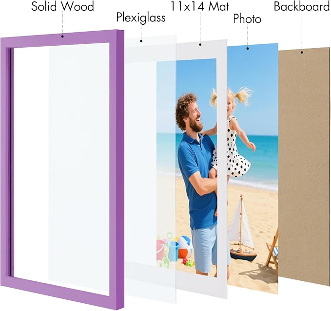 Vittanly 12x16 Picture Frame, Made of Solid Wood and Shatterproof Plexiglass, Display Pictures 11x14 with Mat or 12x16 without Mat, Wooden Photo Frame for Wall Mounting, Purple, 1 Pack