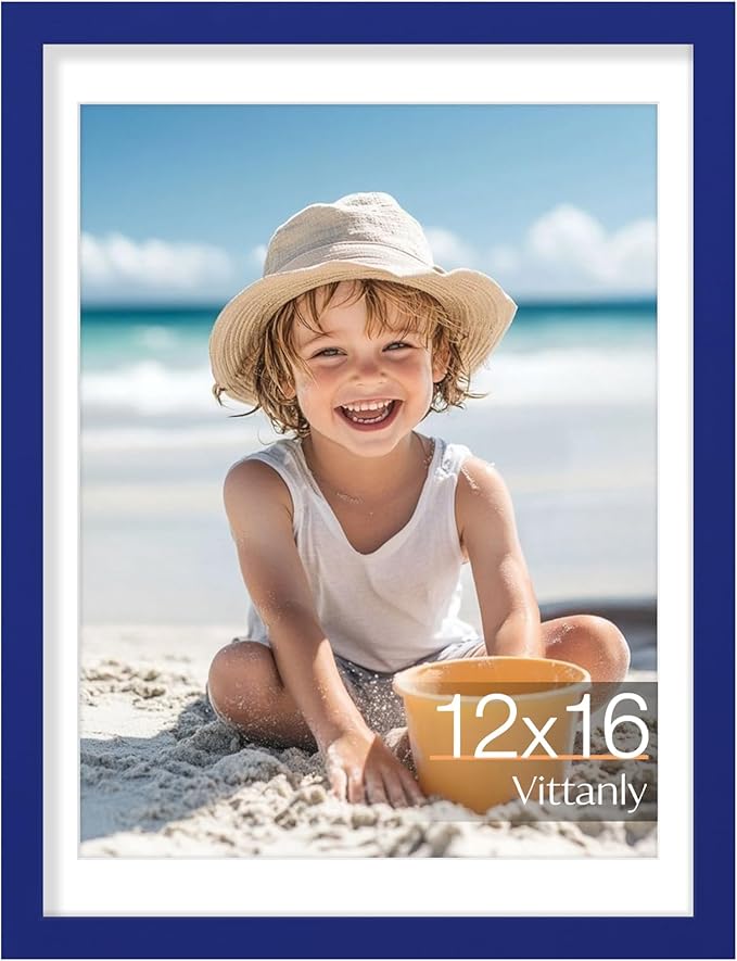 Vittanly 12x16 Picture Frame, Made of Solid Wood and Shatterproof Plexiglass, Display Pictures 11x14 with Mat or 12x16 without Mat, Wooden Photo Frame for Wall Mounting, Royal Blue, 1 Pack