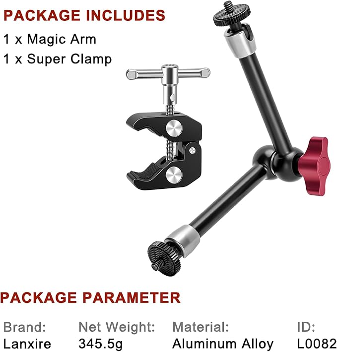 Super Clamp and 9.8 Inches Magic Arm with Dual 1/4’’ Screw - 1/4’’ and 3/8’’ Threaded Holes - Compatible with Photography Accessories - Max Load 4.4lb/2kg