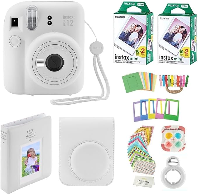 Fujifilm Instax Mini 12 Instant Camera with Case, 40 Fuji Films, Decoration Stickers, Frames, Photo Album and More Accessory kit (Clay White)