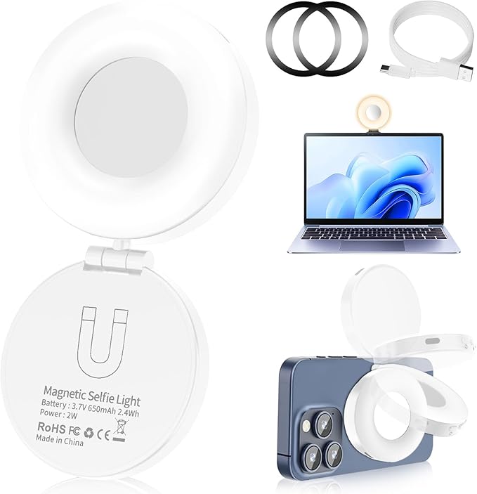 Selfie Light, Selfie Light for iPhone, Portable Phone Ring Light for Video Recording, Adjusted 4 Modes, Rechargeable Fill Light for Selfies, Photography, Makeup, Vlogs, TikTok, Video（White）