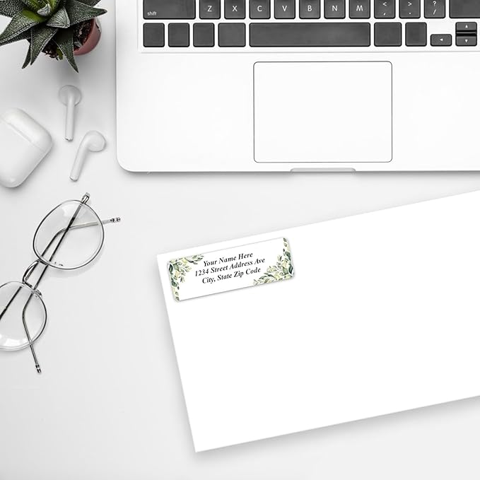Personalized Return Address Labels Corner Leaves - Custom Mailing Labels/Stickers for Envelopes, Easy Peel and Stick, Permanent Flat Sheet Rectangle Labels (White) Made in The USA (60)
