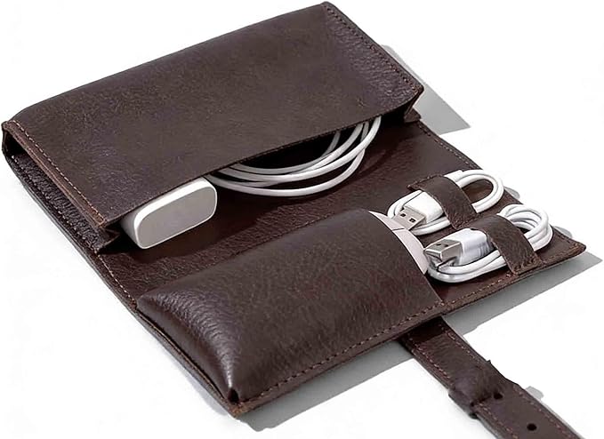 Vintage PU leather Electronic organizer travel case,cord organizer travel, Leather charger shortage for essentials mouse, adapter, cables (Dark coffee)