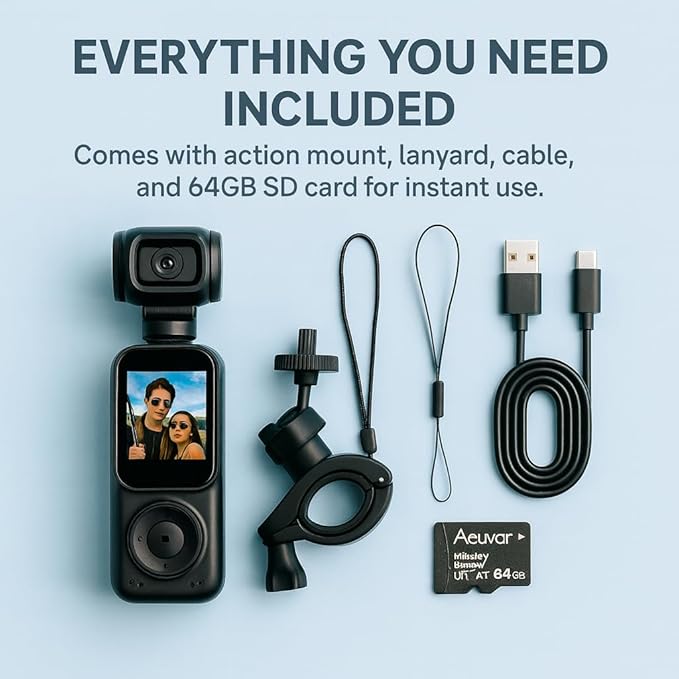 Acuvar 4K Pocket Vlogging Camera with Dual Front & Rear Cameras, 3-Axis Gimbal Stabilizer, Handheld Portable Video Camera with WiFi, Split-Screen LCD, Face Tracking, 270° Rotation & 64GB SD Card