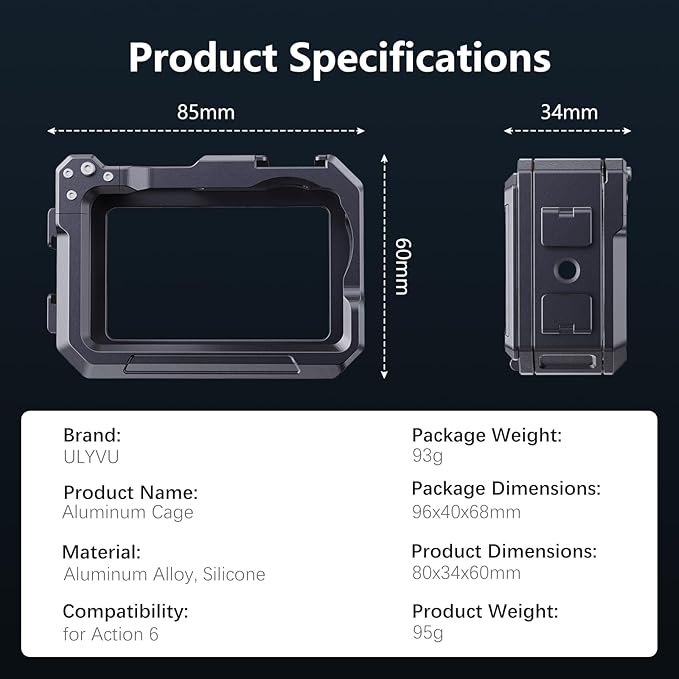Aluminum Alloy Camera Cage Compatible with DJI Osmo Action 6 Camera Accessories, Protective Cage Expansion Frame Case with Cold Shoe Mount | 1/4" Screw Adapter for Tripod, Selfie Stick