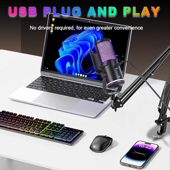 USB Gaming Microphone with Boom Arm - PC Mic for Streaming, Podcasting, Vocal Recording - RGB Condenser Kit with Noise Cancellation, Monitor Mix Knob, Mute Button & Pop Filter for Content Creator