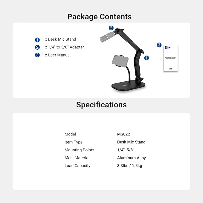 NEEWER Desk Microphone Stand with Phone Clamp & Flexible Arm, Adjustable Table Top Mic Holder Mount with 1/4" to 5/8" Screw Adapter Compatible with Blue Yeti Razer Seiren Mini, Max Load 3.3 lbs, MS022