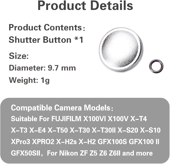 Camera Metal Shutter Release Button for Fujiflm X100VI,X100V,X-T3,X-T2,X-T30,X-PRO1,X-PRO2,X-PRO3,X-M5 X-E5 X-Half,for LeicaM10,M9,for Nikon Df DSLR/SLR (Silver)
